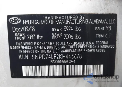 2019 Hyundai Elantra Se from USA, damaged, VIN 5NPD74LF2KH443678